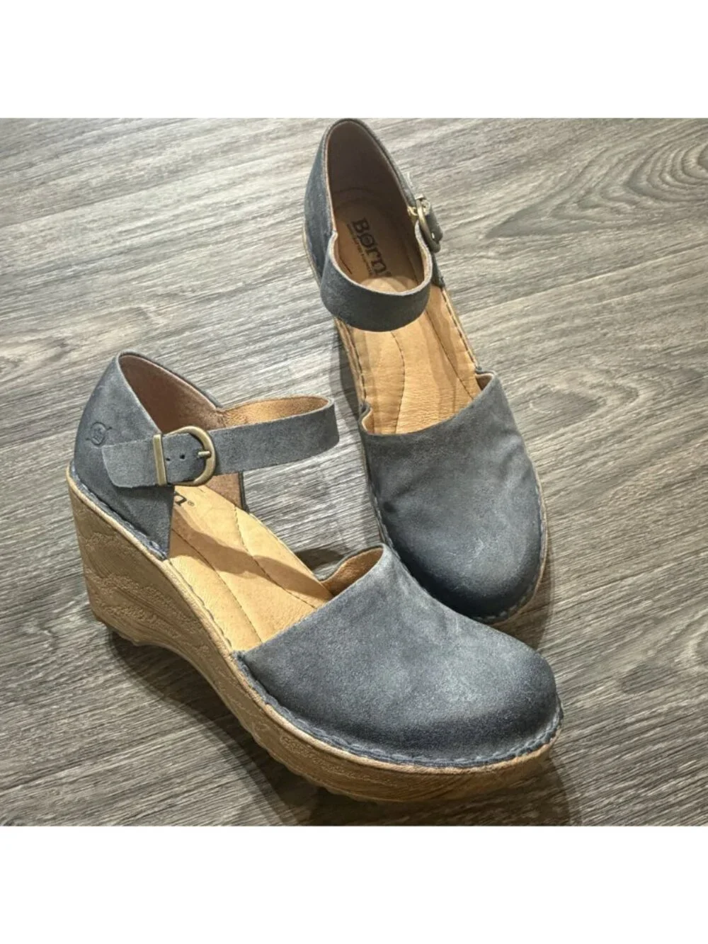Born Nellie Wedge Heels Size 9 Mary Jane Blue Suede Adjustable Ankle Strap